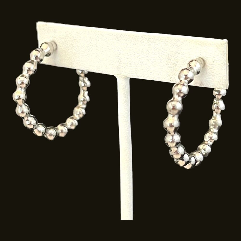 Vintage 1980s Silver Tone Beaded Hoop Earrings Original Stock - 3V